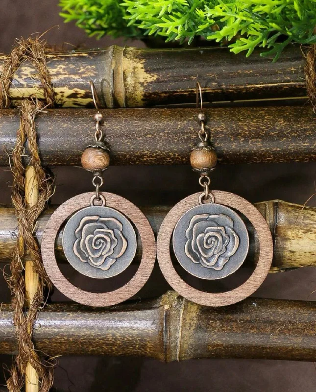 affordable wedding rings for women -Round Wooden Rose Drop Earrings