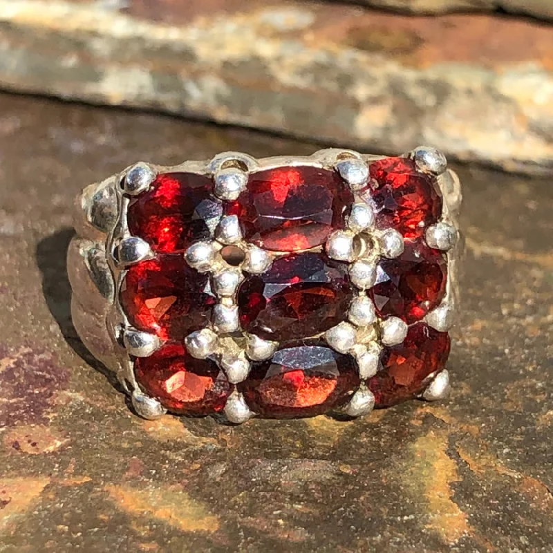 Sterling Silver & Faceted Garnet Band Ring Size 7