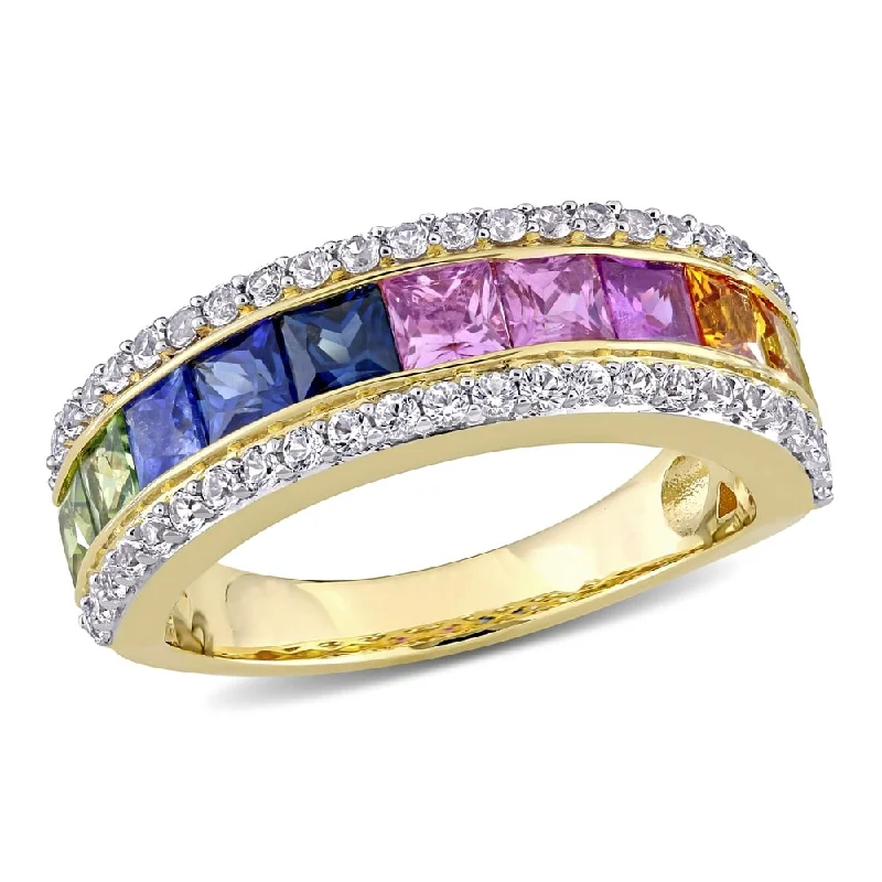 Miadora 14k Yellow Gold Multi-color Square -cut Sapphire Halo Eternity Band Ring