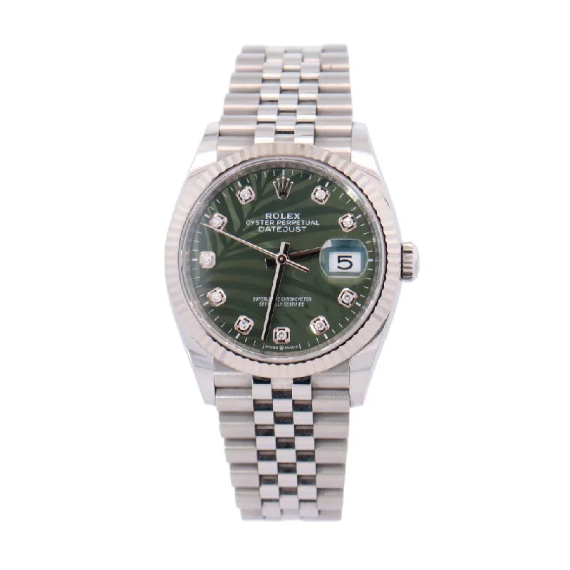 Rolex Datejust Stainless Steel 36mm Green Palm Motif Diamond Dot Dial Watch Reference# 126234