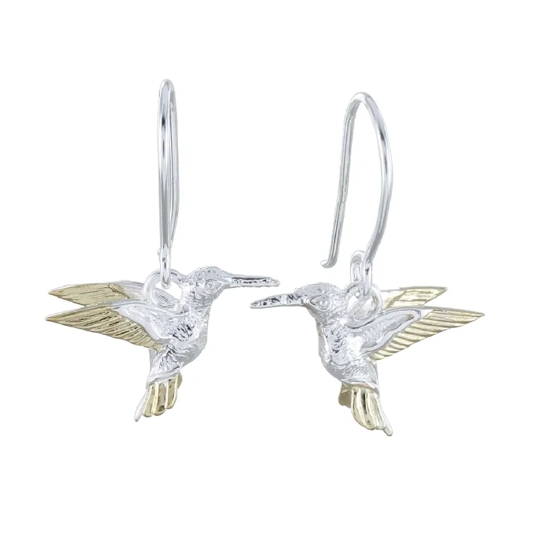 gold stud earrings for weddings -Silver and Golden Hummingbird Drop Earrings