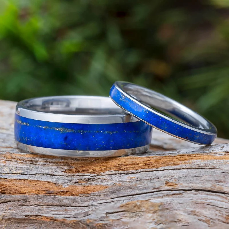 antique engagement rings for women -Lapis Lazuli Wedding Band Set, His and Hers Titanium Rings