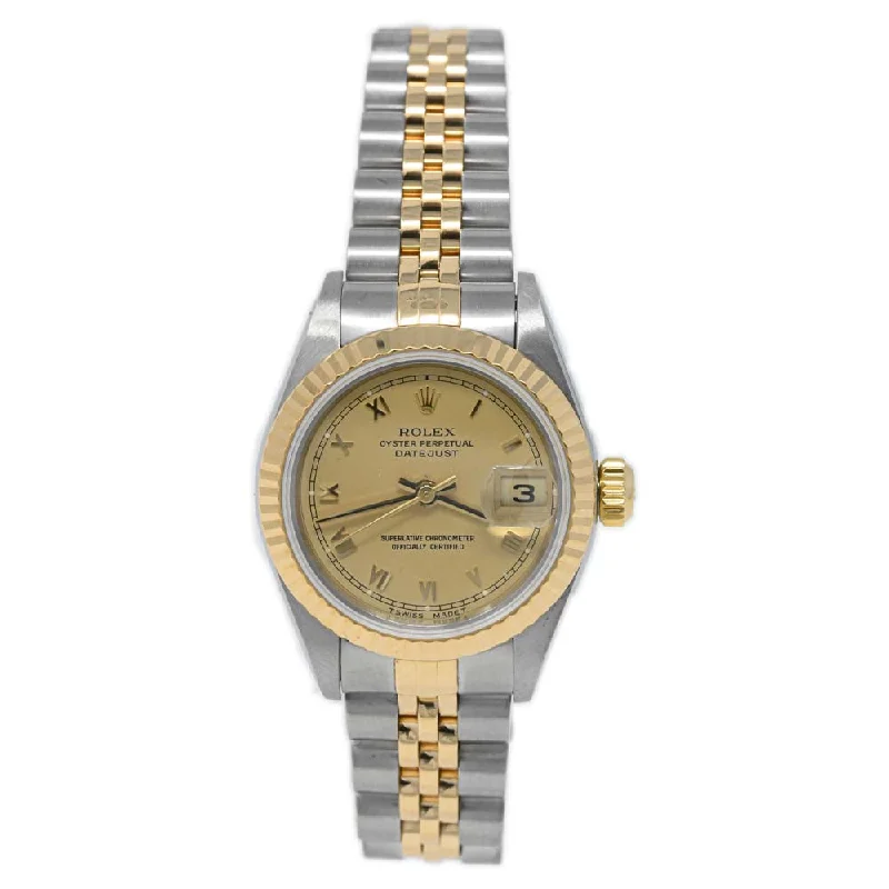 Rolex Datejust Two Tone Stainless Steel Yellow Gold 26mm Champagne Roman Dial Watch Reference #: 79173