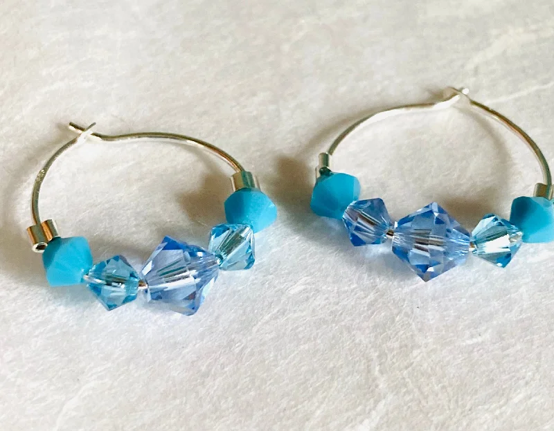 twist rings for women -Blue Crystal Hoops, Sparkle silver hoops, Blue Earrings