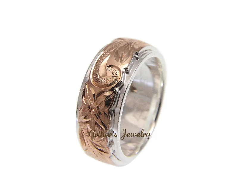 925 SILVER ROSE GOLD PLATED HAWAIIAN PLUMERIA SCROLL 6MM 8MM DOUBLE BAND RING