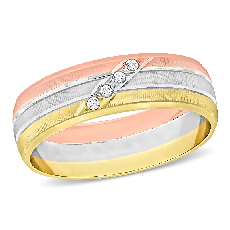 trendy engagement rings for women -Miadora 6 mm Mens Textured Wedding Band in 10k 3-Tone Yellow White and Rose Gold