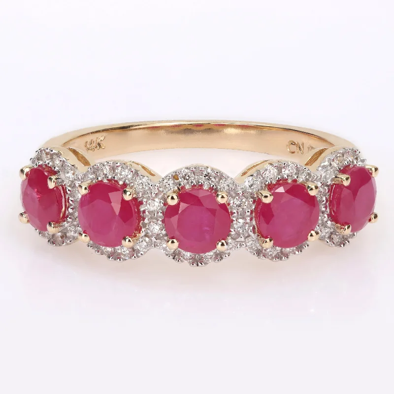 Miadora Ruby and 1/5ct TDW Diamond 5-Stone Halo Semi-Eternity Band Ring in 14k Yellow Gold