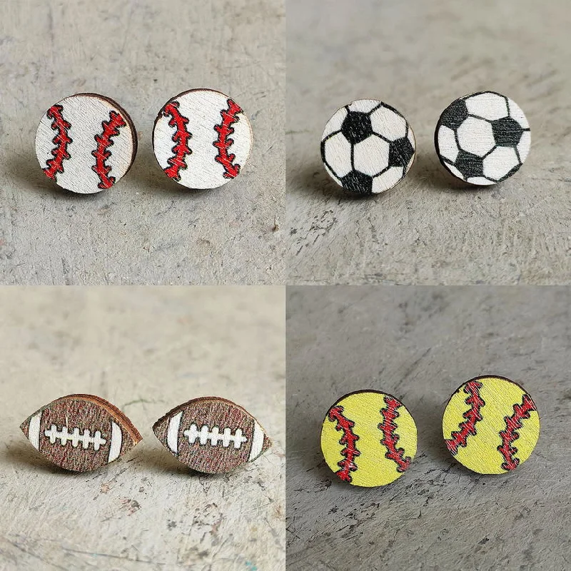 unique earrings for women -Favorite Sports Wooden Stud Earrings