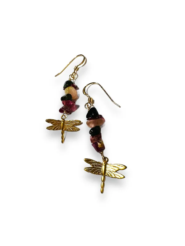 personalized rings for women -Dragonfly Earrings/Tourmaline Gemstone Earrings/Golden Dragonfly Earrings