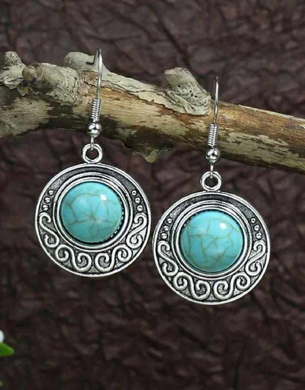 gold hoop earrings for women -Round Silver with Turquoise Stone Drop Earrings