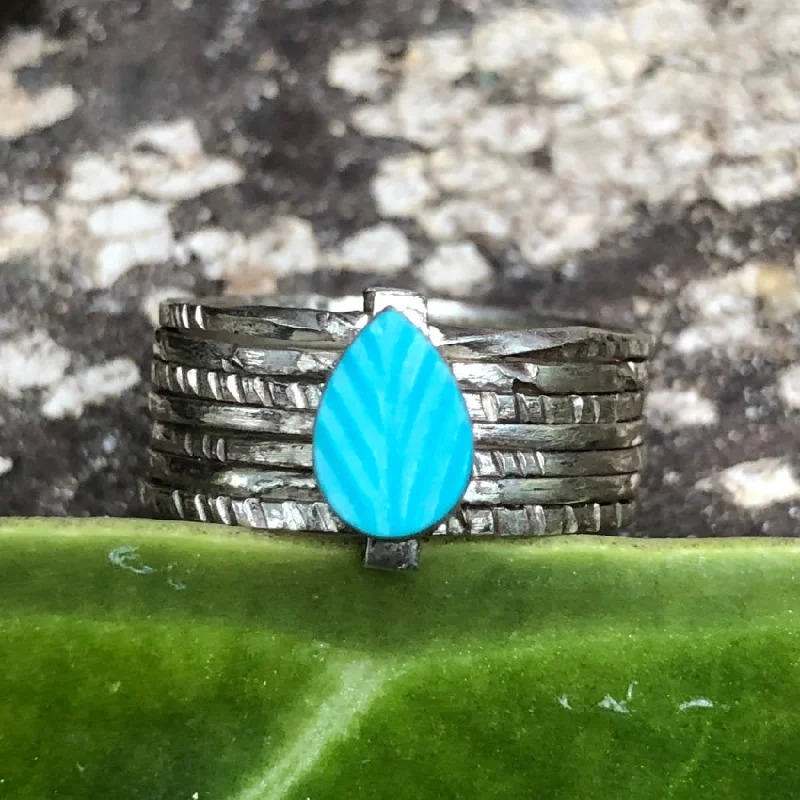 Vintage Sterling Silver Wide Band Ring Carved Turquoise Leaf Size 6 3/4