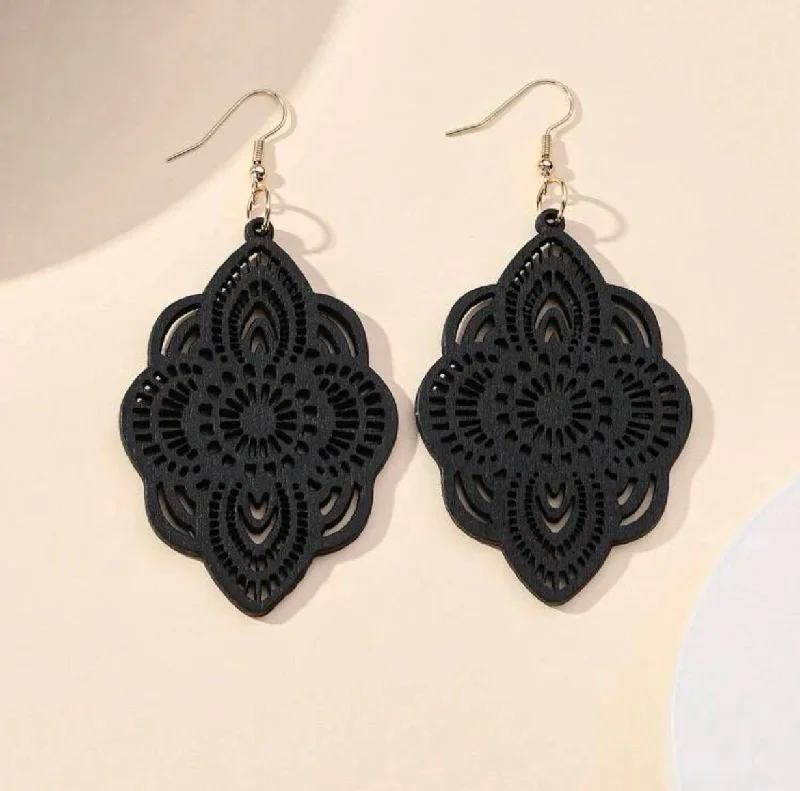 luxury pearl earrings for women -Black Bohemian Hollow Out Drop Earrings