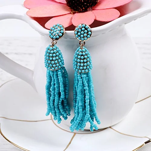 sterling silver gemstone rings -Sexy Sparkles Women's Beaded tassel earrings Long Fringe Drop Earrings Dangle