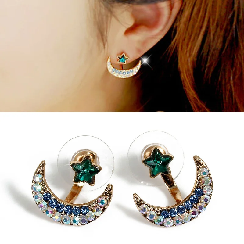 gold hoop earrings for women -Sexy Sparkles Ear Jacket Stud Half Moon Gold Plated Blue AB Earrings Back Ear Cuffs Stud Earring