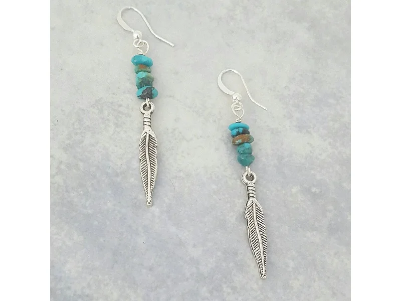 bridal rings for women -Silver Feather Turquoise nugget Dangle Earrings