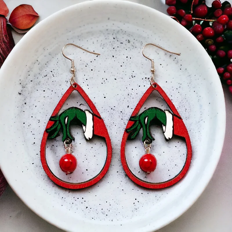 silver statement rings for women -Wooden Green and Red Christmas Drop Earrings