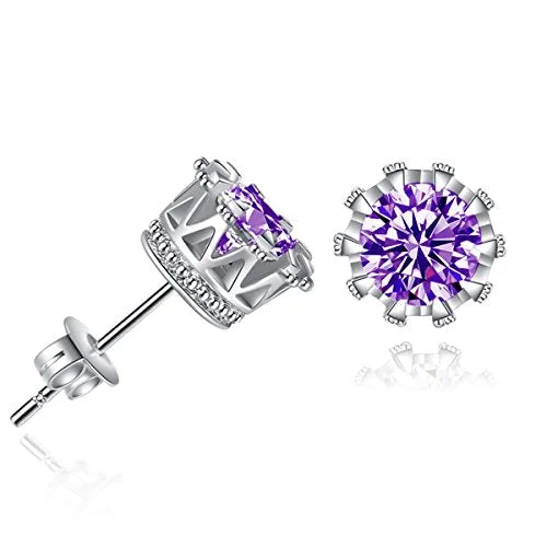 square-shaped rings for women -Sexy Sparkles Copper Ear Stud Earrings Purple Cubic Zirconia Inlaid Crown 9mm