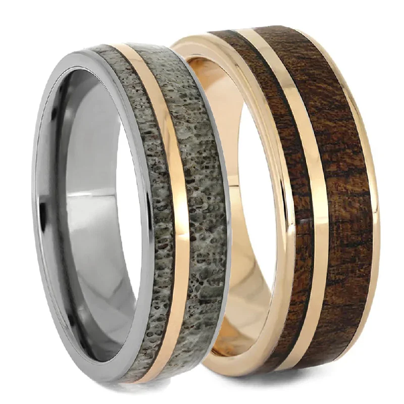 stylish engagement rings for women -Rose Gold Wedding Band Set with Antler and Wood