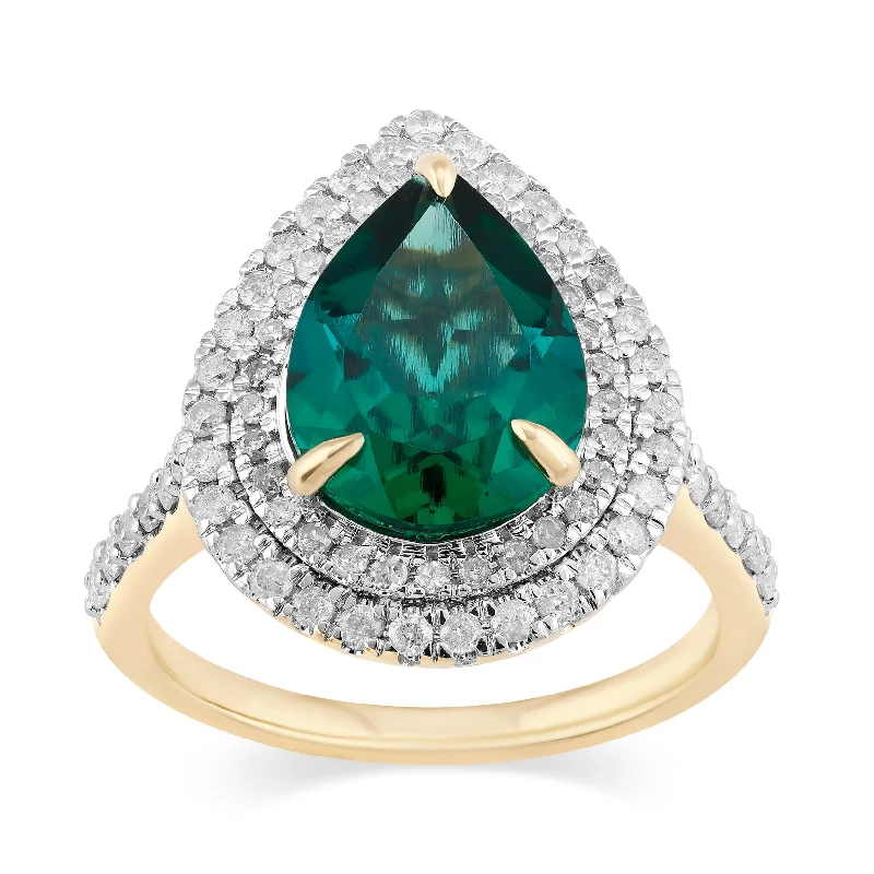 silver chain necklaces for women -Created Emerald Pear Halo Ring with 0.60ct of Diamonds in 9ct Yellow Gold