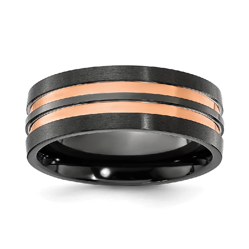 friendship necklaces for women -8mm Black Zirconium & Rose Tone Grooved Standard Fit Band