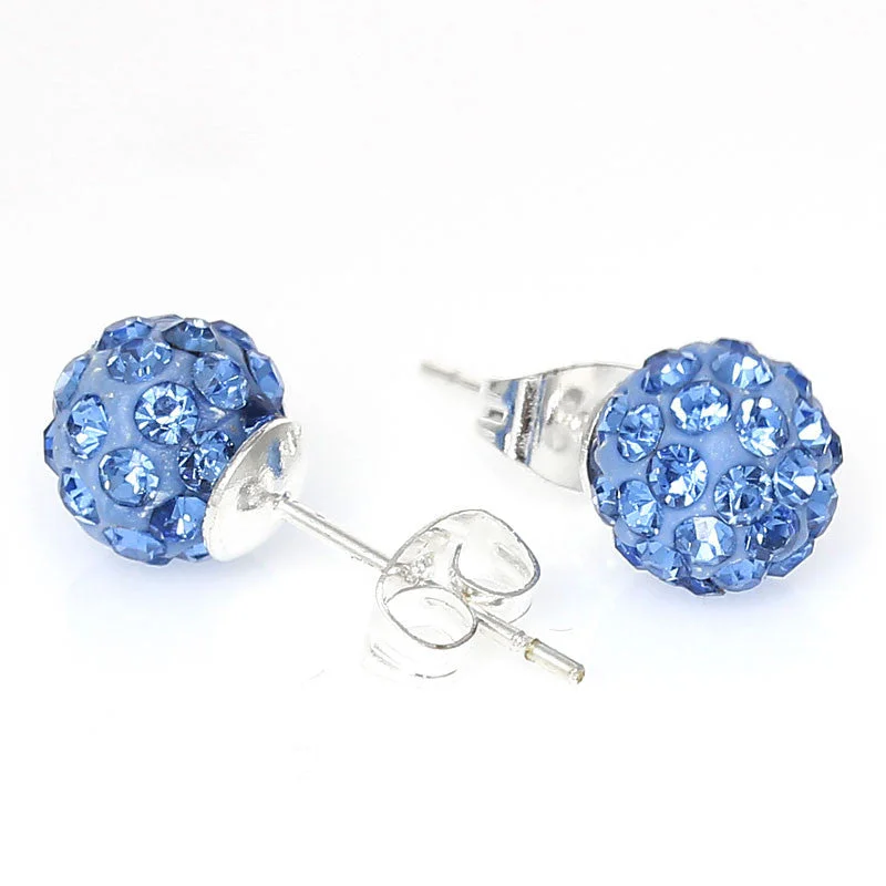 vintage gold rings for women -8mm Light Blue Rhinestones Crystal Fireball Disco Ball Pave Bead Stud Earrings