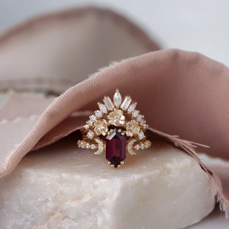 eternity diamond engagement rings -Long Hexagon Rhodolite and Diamonds Flowers Boho Engagement Three Ring Set