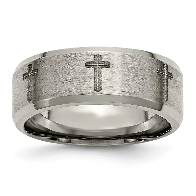 delicate necklaces for women -8mm Titanium Laser Etched Cross Beveled Edge Standard Fit Band