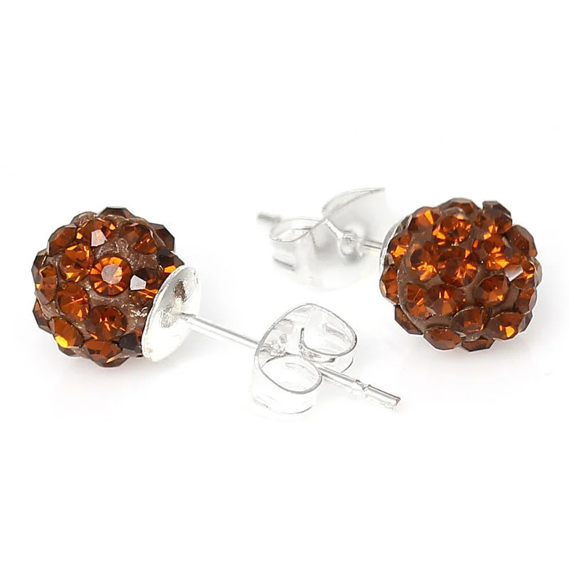 simple gold rings for women -8mm Brown Rhinestones Crystal Fireball Disco Ball Pave Bead Stud Earrings