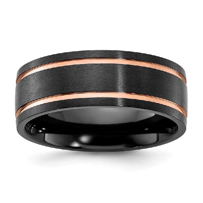 simple necklaces for women -8mm Black Zirconium & Rose Tone Plated Grooved Standard Fit Band