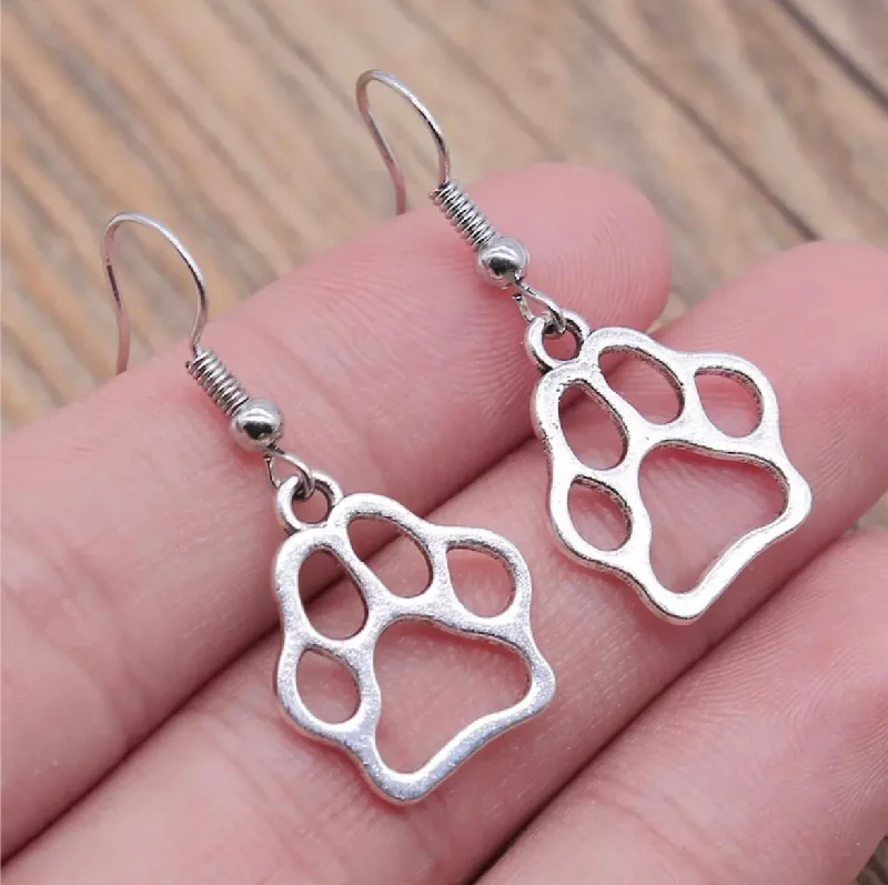 gold earrings for women -Silver Paw Print Earrings