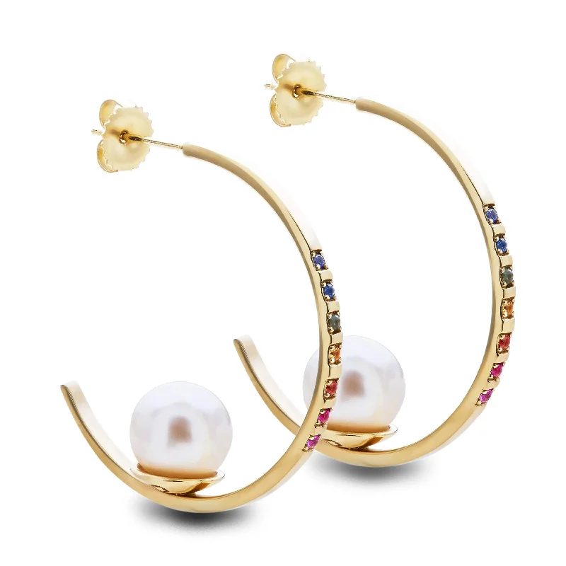 beautiful engagement rings for women -Rainbow Sapphire Floating Pearl Hoops