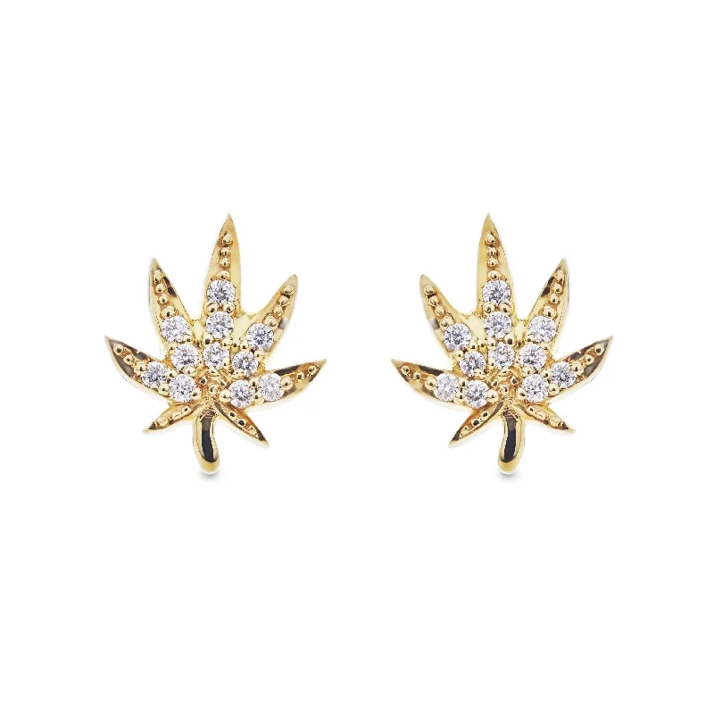 affordable gemstone rings for women -Diamond Pot Leaf Stud Earrings