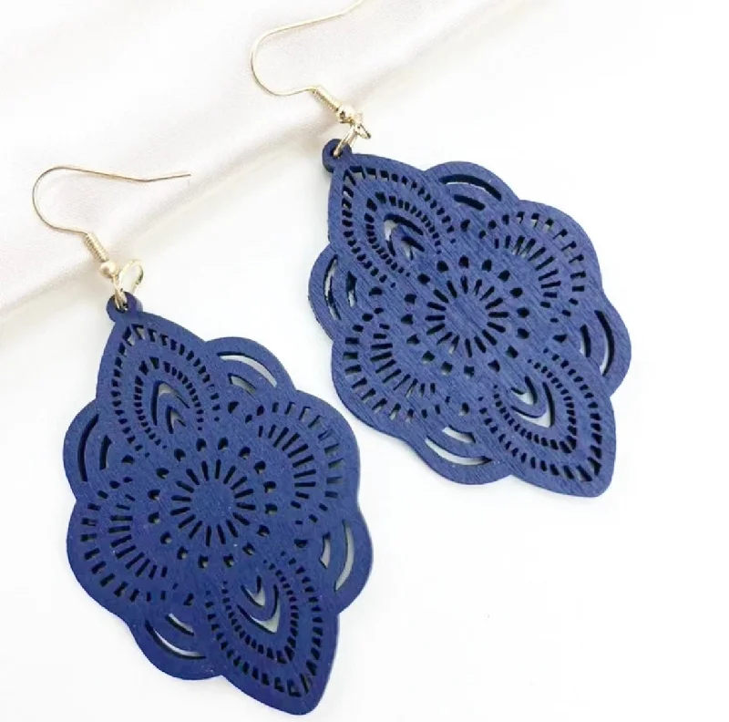 elegant earrings for women -Navy Blue Bohemian Hollow Out Drop Earrings