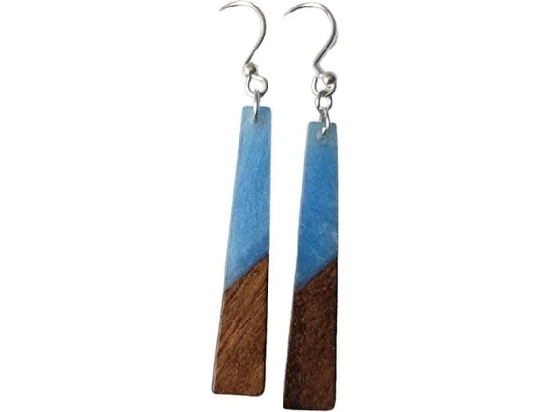 luxury platinum rings for women -Long wood blue acrylic rectangle earrings