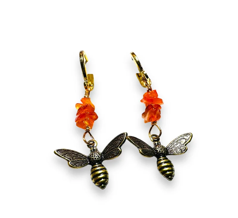 designer earrings for women -Bee Earrings/Carnelian Gemstone Earrings/Golden Bee Earrings