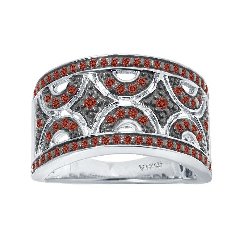 Sterling Silver with Genuine Red Diamond Geo Design Band Ring