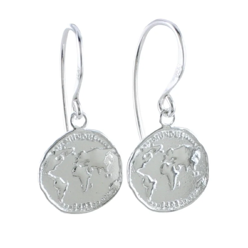 elegant drop earrings for women -Sterling Silver World Coin Drop Earring