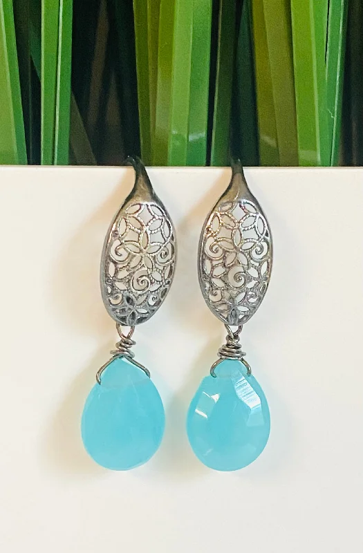 luxury diamond rings for women -Filigree Chalcedony Earrings, Ocean Blue Gemstone Earrings