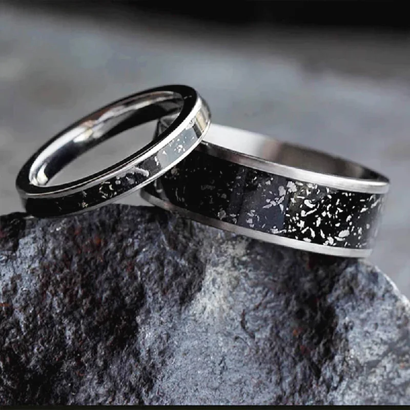 gemstone engagement rings for women -Black Stardust™ Wedding Band Set, His And Hers Meteorite Rings