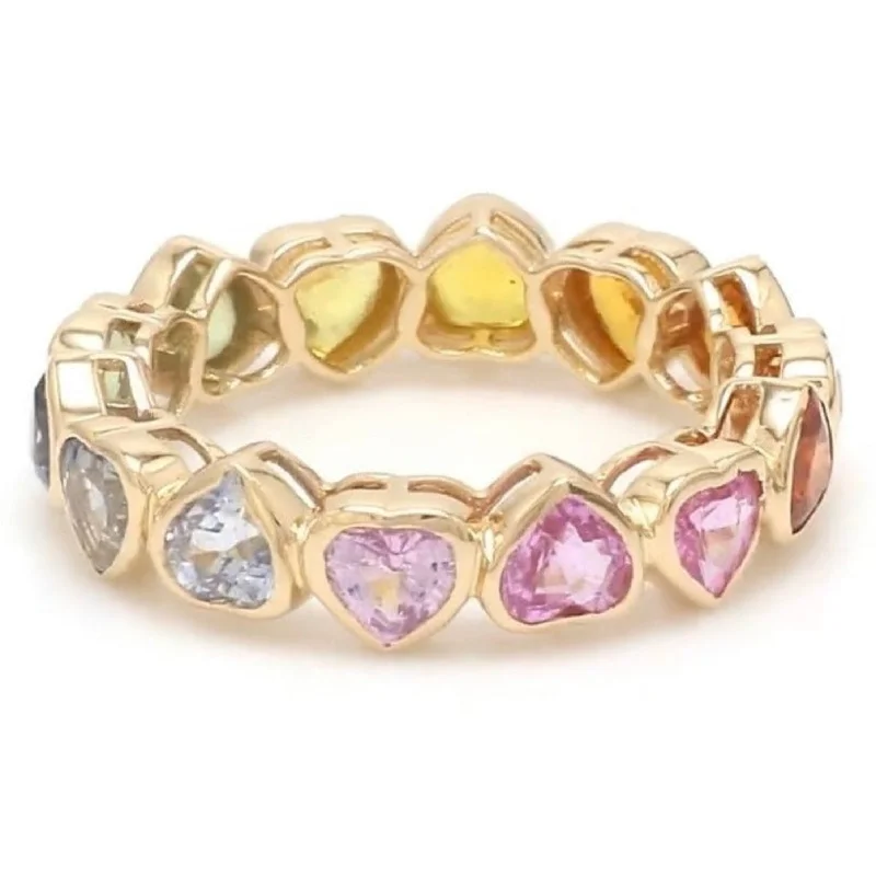 Multi Rainbow Heart Sapphire Bezel Eternity Band Ring