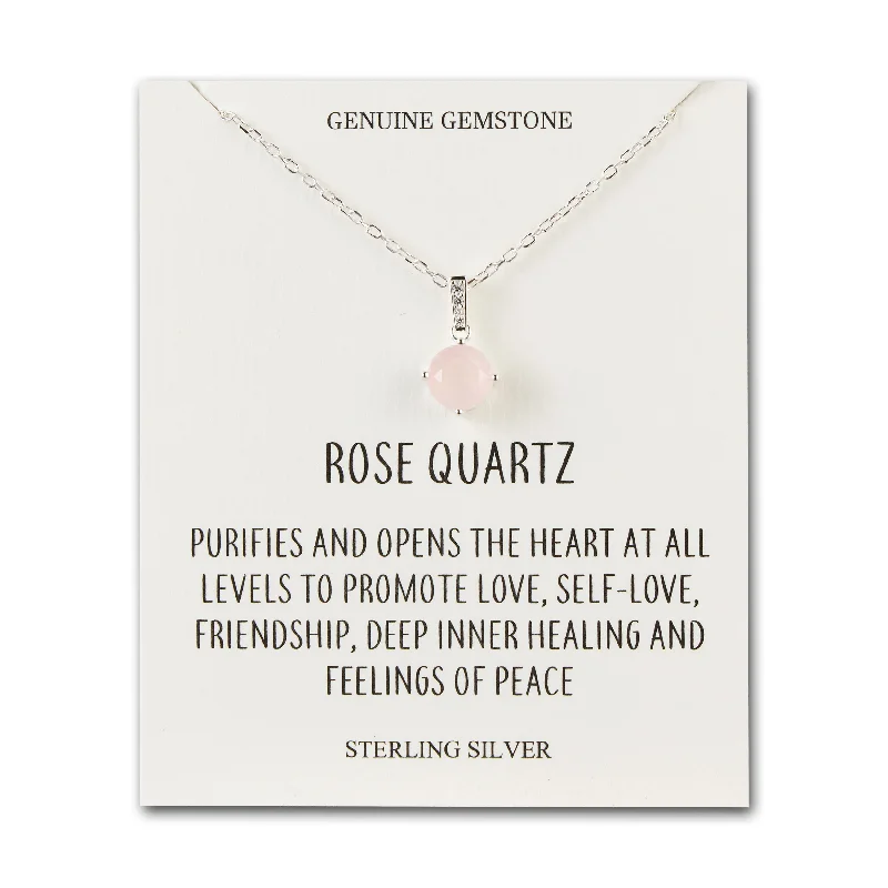 sparkly necklaces for women -Sterling Silver Rose Quartz Gemstone Necklace with Quote Card