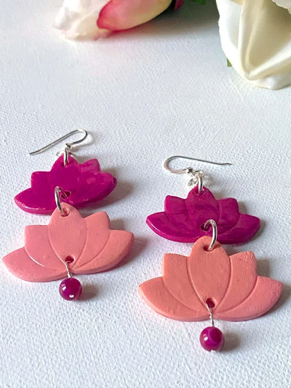 bohemian earrings for women -Pink Lotus Earrings/ Two tone earrings/Silver and Clay Earrings