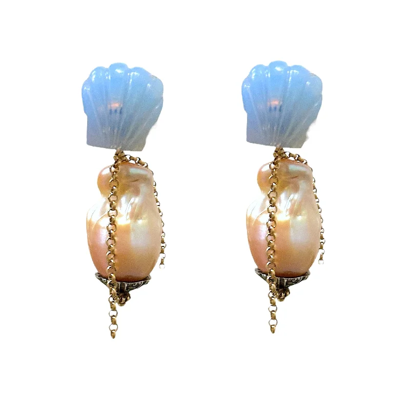 small hoop earrings for women -GLOWING SEASHELL BARBIE DIAMOND BAROQUE PEARL CHAIN STUDS