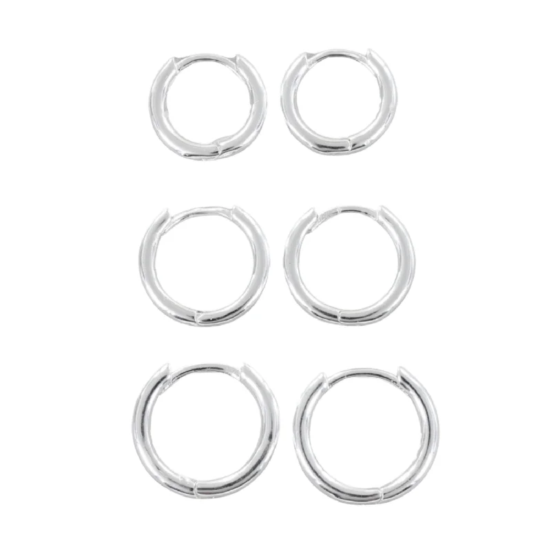 modern earrings for brides -Set of Three Silver Huggie Hoop Earrings