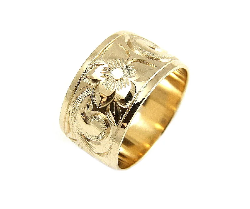 14K YELLOW GOLD HAND ENGRAVE HAWAIIAN PLUMERIA SCROLL BAND RING SMOOTH EDGE 15MM