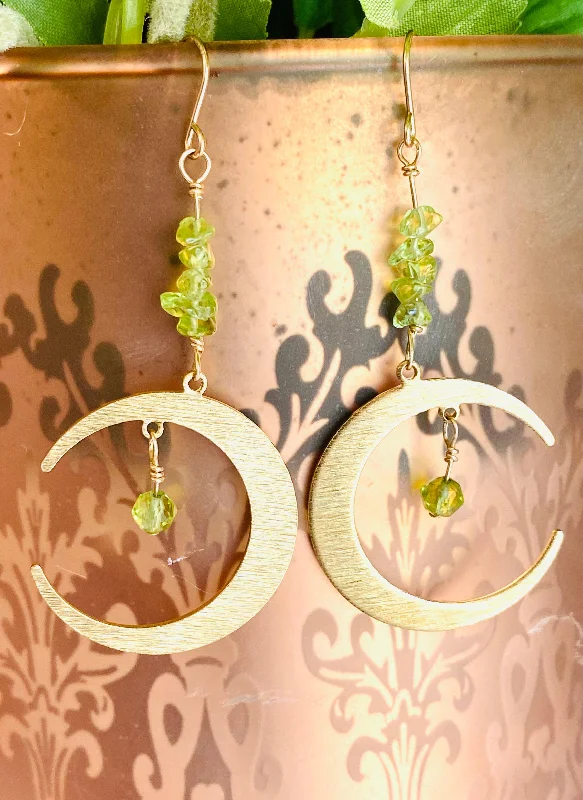 hoop earrings for women -Moon Earrings/Brass Gemstone Moon Earrings/Golden Moon Earrings