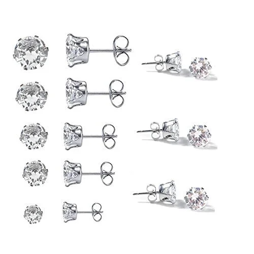 wedding rings for brides -Sexy Sparkles 8 Pairs Women's Stainless Steel Round Clear Cubic Zirconia Stud Earring 4mm -11mm