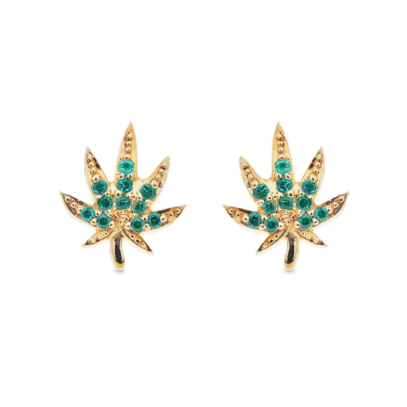 trendy earrings for women -Emerald Pot Leaf Studs