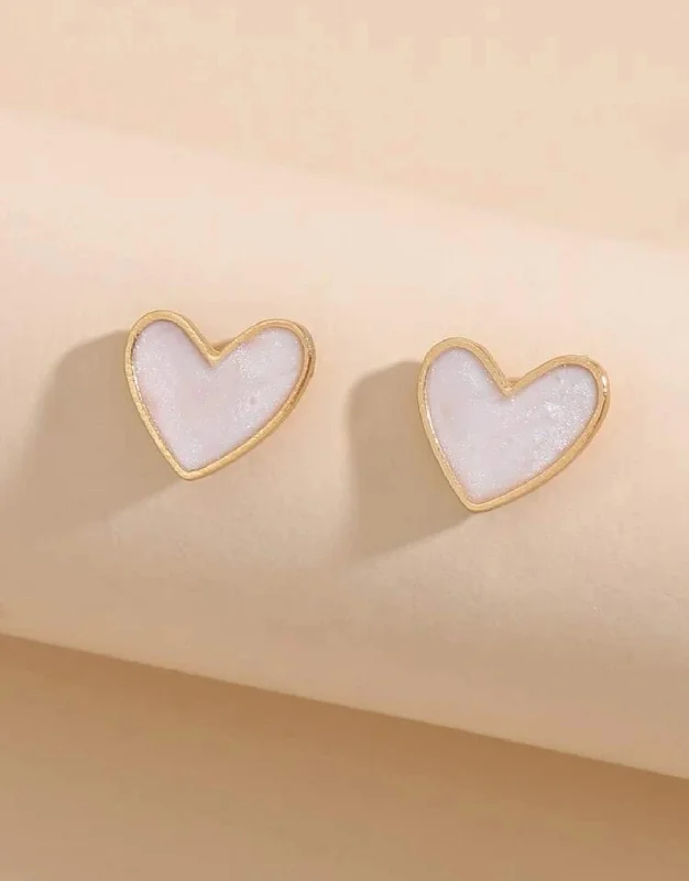 minimalist earrings for women -Dainty White Heart Stud Earrings