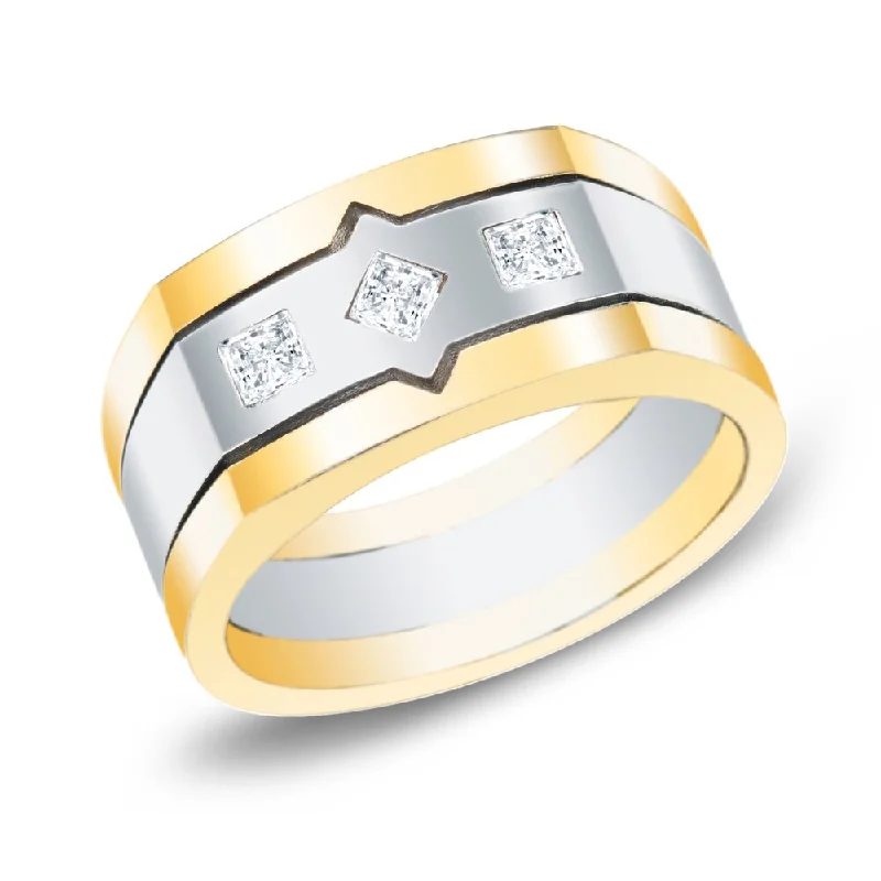 simple solitaire engagement rings -Men's 14k Two-Tone Gold 1/2ct. TW Satin Finish 3-Stone Diamond Wedding Band by Auriya